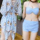 Set: High Waist Bikini + Floral Print Cover-up