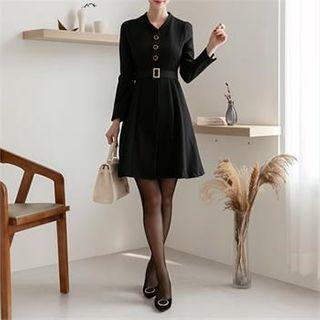 V-neck Button-front A-line Dress With Belt