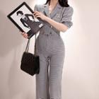 Puff-sleeve Double Breasted Houndstooth Straight-fit Jumpsuit