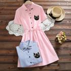 Cat Embroidered Short-sleeve Mini A-line Dress
