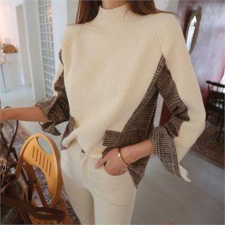 Mock-neck Plaid-panel Sweater