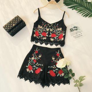 Set: Spaghetti Strap Floral Embroidery Top + Shorts
