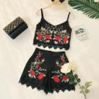 Set: Spaghetti Strap Floral Embroidery Top + Shorts