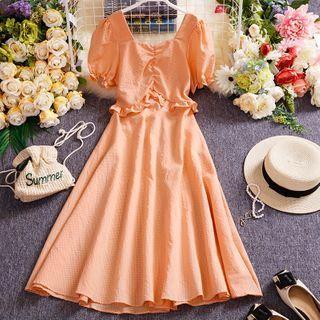 Gingham Ruffle Trim Puff-sleeve Midi A-line Dress