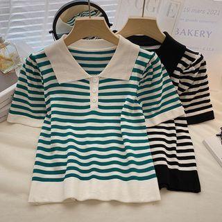 Short-sleeve Striped Two-tone Knit Top
