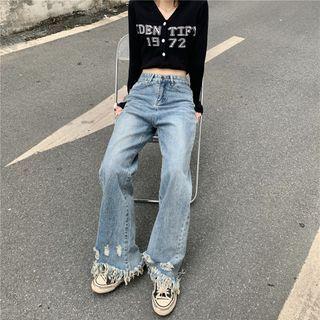 Fringed Hem Distressed Wide Leg Jeans