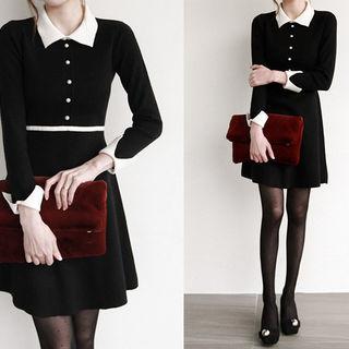 Contrast-trim A-line Knit Polo Dress