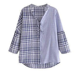 Long-sleeve Plaid Panel Tie-front Blouse