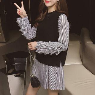 Set: Pinstripe Tiered Dress + Vest