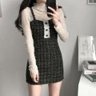 Long-sleeve Mock-neck T-shirt / Plaid Mini Overall Dress