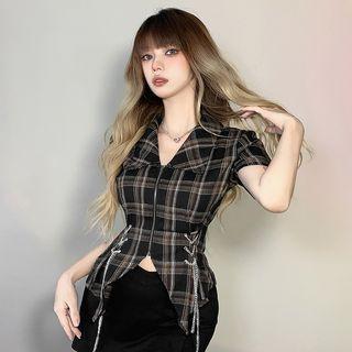 Short-sleeve Collar Zip-up Plaid Top