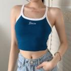 Letter Embroidered Contrast Trim Cropped Camisole Top