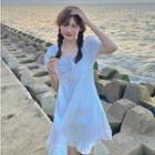Puff-sleeve Bow Accent Plain Dress