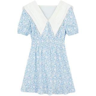 Short-sleeve Collared Floral Print Mini A-line Dress