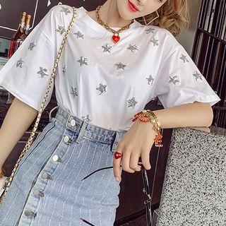 Short-sleeve Star Pattern Top White - One Size