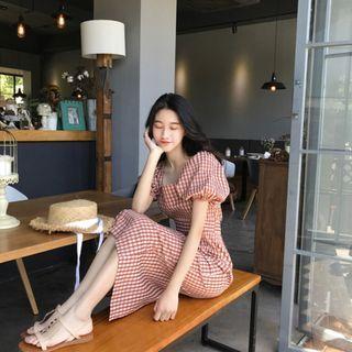 Short-sleeve Gingham Slit Midi Sheath Dress