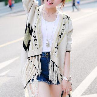 Patterned Fringed Cardigan Beige Gray - One Size