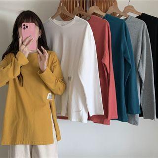 Plain Round-neck Slit Long-sleeve Long Top