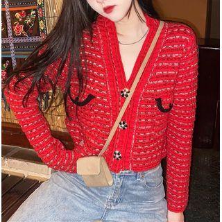 Long-sleeve Tweed Cardigan Red - One Size