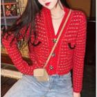 Long-sleeve Tweed Cardigan Red - One Size