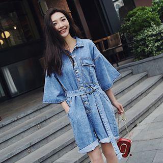 Elbow-sleeve Denim Jumpsuit With Sash