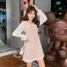Chiffon-sleeve Collared Tweed A-line Dress