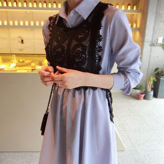 Set: Band-waist A-line Shirt Dress + Sleeveless Open-knit Top