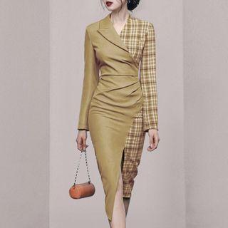 Long-sleeve Plaid Panel Slit Midi Sheath Dress