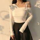 Plain Off-shoulder V-neck Sweater