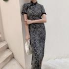 Short-sleeve Geometric Print Midi Qipao Dress
