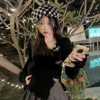 Rhinestone Bow Knit Top Black - One Size
