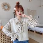 Long-sleeve Dotted Tie-neck Blouse / Sweater Vest