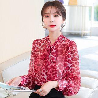 Long-sleeve Tie-neck Leopard Print Chiffon Blouse