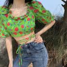 Short-sleeve Rose Print Slim-fit Cropped Top Green - One Size