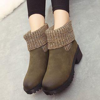 Knit Panel Chunky-heel Short Boots