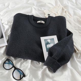 Plain Crew-neck Loose-fit Sweater Grayish Blue - One Size