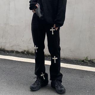 Cross Print Straight-leg Pants