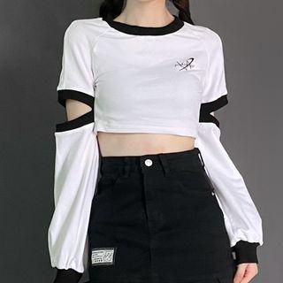 Long-sleeve Round-neck Cut-out Color-block Lettering Top (various Designs)
