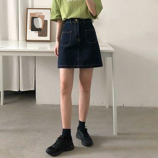 Contrast Stitching Denim Mini A-line Skirt