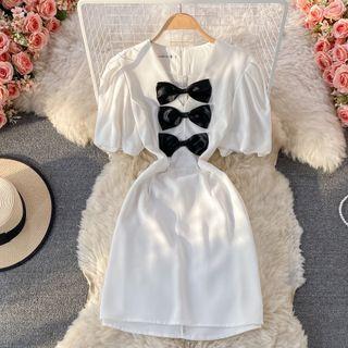 Bow-detail V-neck Puff Sleeve Dress
