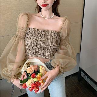 Mesh Panel Shirred Cropped Blouse Almond - One Size