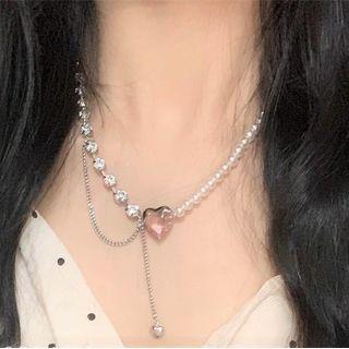 Heart Faux Pearl Stainless Steel Choker 1 Pc - Pink - One Size