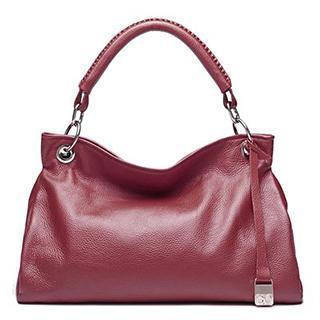 Genuine Leather Stitched-strap Shoulder Bag Dark Red - One Size