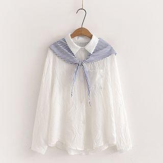 Striped Shawl Collar Shirt White - One Size