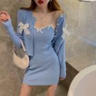 Spaghetti Strap Bow Knit Mini Bodycon Dress / Cardigan