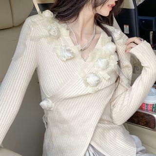 Flower Detail Wrap Sweater Almond - One Size