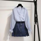Striped Blouse / Tie-hem Mini Denim Skirt / Set