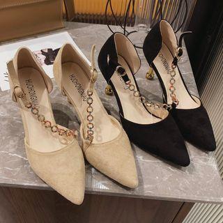 Faux Suede Chained Pointed Kitten Heel Pumps