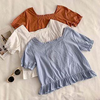 Plain Square-neck Ruffled-trim Short-sleeve Blouse