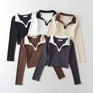 Long-sleeve Contrast Collar Cropped Polo Shirt